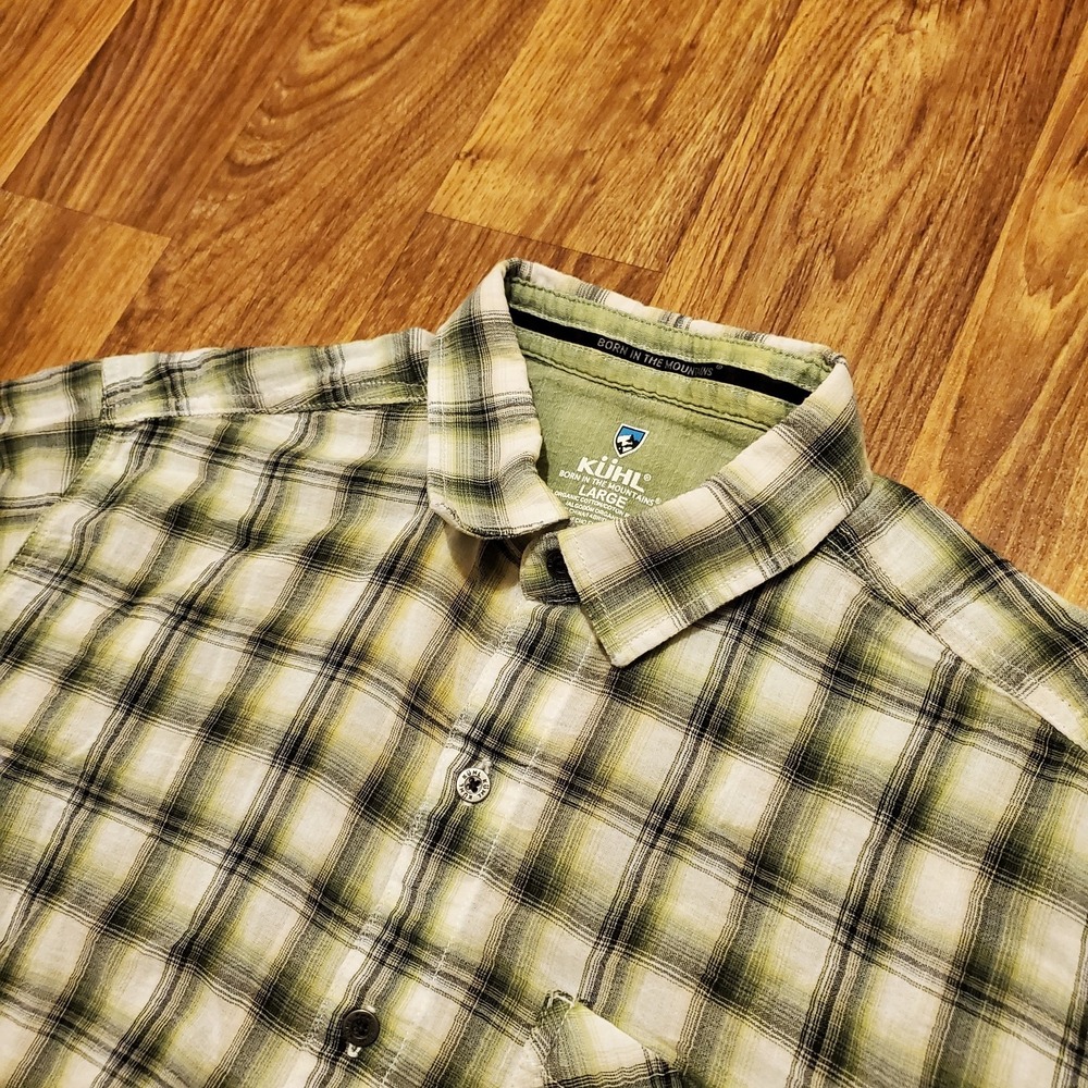 Kuhl‎ Plaid Shirt Men Large Green Black Organic Cotton Button Up Hiking